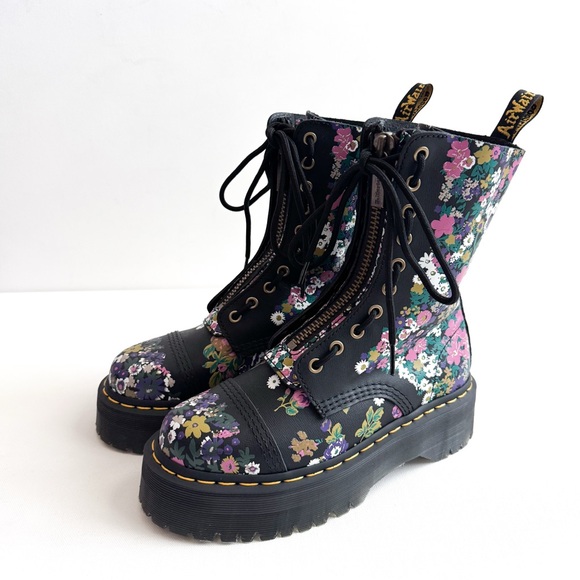 Dr. Martens Sinclair Black Leather Vintage Floral Zip Lace Up Platform Boots - Picture 4 of 10
